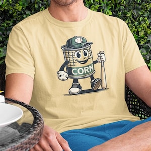 Can of Corn! - Vintage Baseball T-Shirt - 1920s Cartoon Style, Retro Rubber Hose Baseball Player Tee, Happy Corn Baseball Graphic Shirt