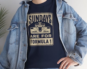 May include: A navy blue t-shirt with a vintage-style graphic of a race car and the text "Sundays are for Formula 1".
