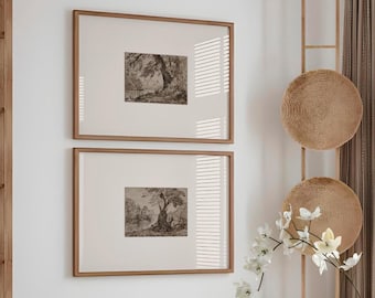 Set of Two Boathouse Prints | Vintage Sailing Wall Art | 2 Pen Brown Ink Sketch | Sea Theme Posters | French Forest River Marshland Etching