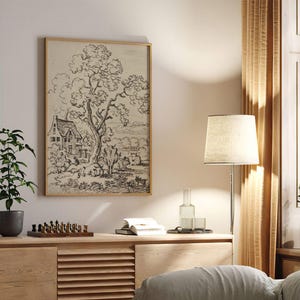 Grazing Cattle Sketch Print | Rustic Farmhouse Artwork | Tree Study Etching Home Decor | Vintage European Farm House | Ink Drawing Wall Art