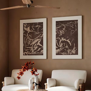 Set of Two Brown and Beige Painting Prints | Abstract Expressionist Wall Art | 2 Artwork Study Posters | Moody Earth Tone Home Decor