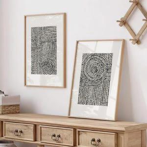 Set of Two Abstract Tribal Dots Prints | Geometric Spotty Circles Pattern Wall Art | 2 Piece Black & Beige Minimalist Pointillism Artwork