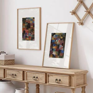 グアッシュと水彩画のプリント2枚セット | 抽象的な形のウォールアート | 幾何学模様のパッチワークポスター2枚 | レッドトーンのキュビズムスタイルのホームデコレーション A182