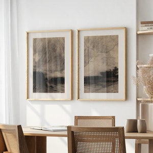 Set of Two Horizon Drawing Prints | Antique Seascape Drawing Sketch | Vintage Coastal Wall Art | 2 Piece Artwork | Sea Cliffs Printable