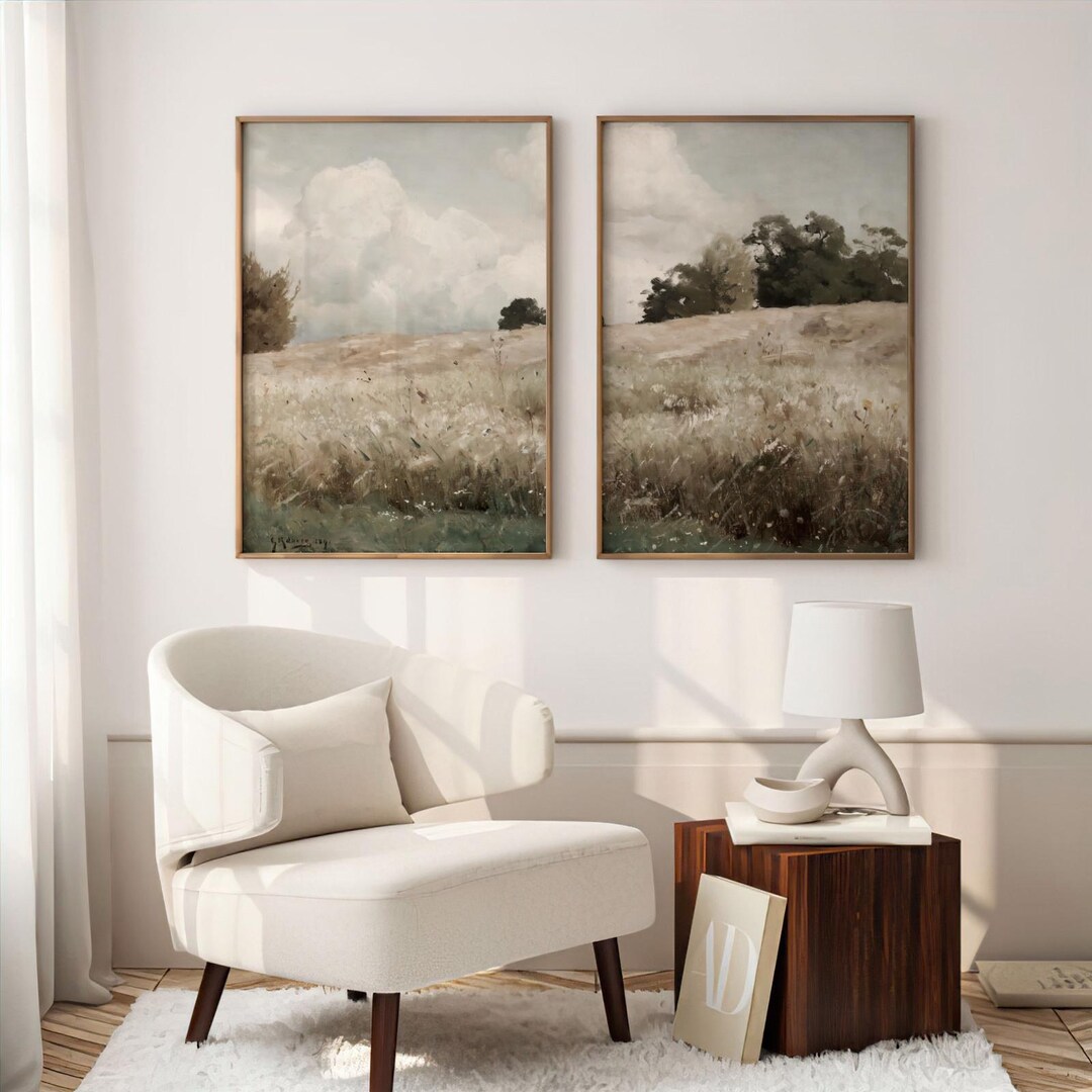 Set of Two Wildflower Painting Prints | Vintage Wheat Field Wall Art ...