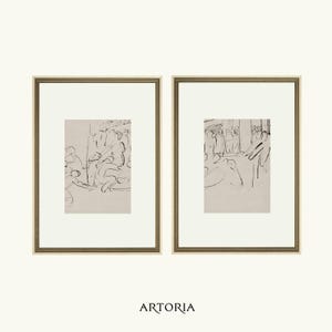 May include: Two framed black and white line drawings of people in a group setting. The drawings are in a minimalist style and are framed in gold.