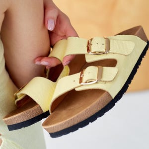 Women’s Orthopedic Sandals, Yellow Patent Leather Slides, Double Buckle Summer Shoes, Arch Support Slip Ons, Comfortable Footwear