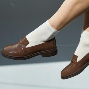 Brown Leather Patent Loafers with Shiny Chain, Classic Elegant Shoes for Woman, Genuine Leather Office Shoes, Handmade Smart Casual Loafers