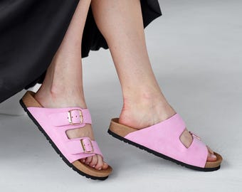 Orthopädische rosa Wildledersandalen für Damen, verstellbare Fußbettrutschen, Komfort-Fußbett aus Kork, verstellbare Schnallenpantoffeln, lässige Sommerschuhe