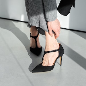 Black Suede T-Strap Sandals, Pointed Toe Stiletto Heels, Suede Ankle Strap Sandals, Women’s Heels, Stylish High Heel Sandals, T-Strap Heels
