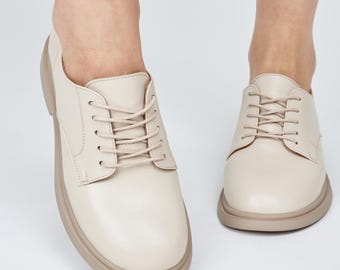 Beige leren derbyschoenen, oxfordschoenen voor dames, crèmekleurige kantoorschoenen, laarzen met lage hak