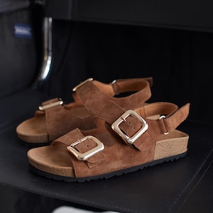 Sandali comodi da donna, sandali in pelle color cacao, scarpe estive aperte, plantare in sughero e pelle scamosciata, cinturini con fibbia regolabili, sandali casual boho