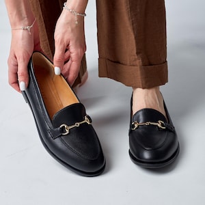 Classic Leather Loafers for Women, Black Flat Slip-On Shoes, Minimalist Work Office Shoes, Comfortable Slip-On Shoes, Everyday Footwear