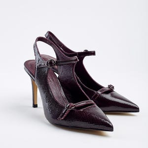 Burgundy Strap Pumps, Pointed Toe Heels, 8 cm Stiletto Heels, Women’s Evening Shoes, Leather Office Heels, Classic Work Slingbacks