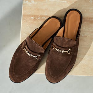 Classic Elegant Mules from Suede Leather, Stylish Slip-on Loafers, Backless Flat Shoes with Chain, Casual Minimalist Shoes, Gift for Woman