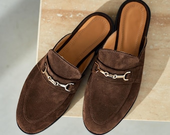 Classic Elegant Mules from Suede Leather, Stylish Slip-on Loafers, Backless Flat Shoes with Chain, Casual Minimalist Shoes, Gift for Woman