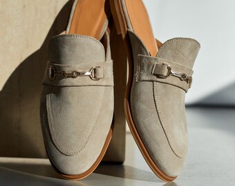 Beige Suede Leather Mules for Women, Stylish Slip-on Loafers, Backless Flat Shoes with Chain, Casual Minimalist Shoes, Classic Elegant Shoes
