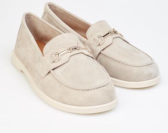 Minimalist Suede Loafers, Handmade Leather Moccasins, Soft Beige Barefoot Flats for Women, Neutral Suede Everyday Shoes, Slip-On Loafers