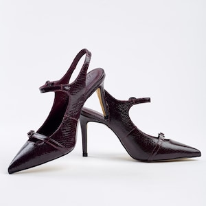 Pointed Toe Heels, Burgundy Strap Pumps, 8 cm Stiletto Heels, Women’s Evening Shoes, Leather Office Heels, Classic Work Slingbacks