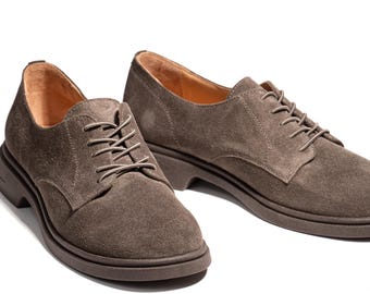 Women’s Gray Brown Suede Shoes, Handmade Lace-Up Oxfords,  Mocha Brown Oxfords, Casual Leather Shoes, Everyday Comfort Footwear, Work Flats