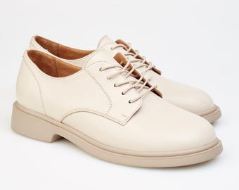 Women's Cream Oxford Shoes, Classic Casual Leather Shoes, Lace-Up Low Heel Derby Shoes, Comfortable Office Footwear, Neutral Beige Flats
