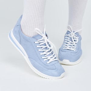 Light Blue Leather Sneakers for Women, Casual Suede Trainers, Comfy Lace-Up Walking Shoes, Soft Sole Autumn Shoes, Walking Everyday Footwear