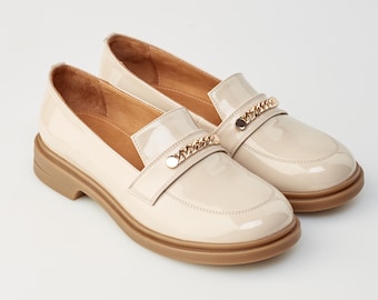 Beige Patent Loafers with Chain Decor, Classic Elegant Shoes for Woman, Genuine Leather Moccasins, Handmade Comfort Casual Leather Loafers