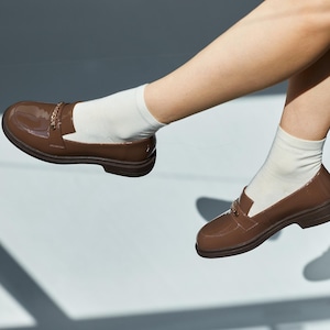 Glossy Brown Chain Loafers for Women, Patent Leather Slip Ons, Office Work Flats, Dressy Summer Shoes, Minimalist Elegant Footwear
