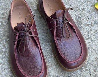Women’s Burgundy Leather Shoes, Handmade Lace-Up Flats, Comfortable Everyday Walking Shoes, Casual Spring Footwear