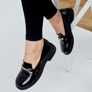 Black Patent Leather Loafers, Classic Slip-On Dress Shoes, Elegant Chain Detail Loafers, Shiny Formal Shoes, Comfortable Office Footwear
