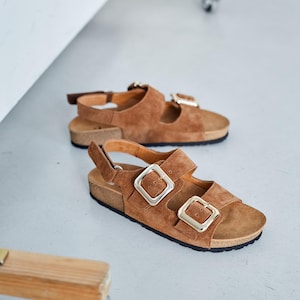 Sandali in pelle color cacao, plantare in sughero scamosciato, cinturini regolabili con fibbia, sandali comodi da donna, scarpe estive aperte, sandali casual boho