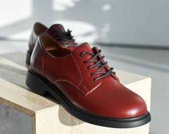 Burgundy Leather Derby Shoes for Women, Handmade Oxford Style, Classic Casual Footwear, Office Outfit Shoes, Women's Leather Oxford Shoes