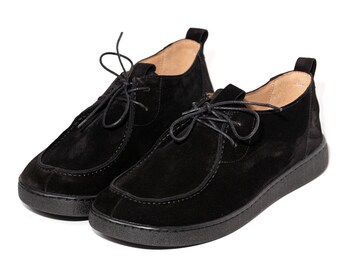 Women’s Black Suede Boots, Handmade Lace-Up Casual Shoes, Casual Office Shoes, Everyday Anatomical Footwear, Barefoot Comfort Shoes