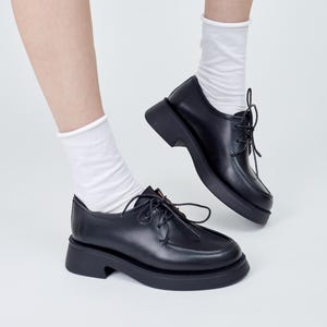 Black Leather Derby, Women’s Smart Casual Lace-Up Oxfords, Professional Office Shoes, Chunky Block Heel Loafers, Moc Toe Derby, Gift for Her