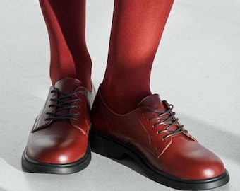 Burgundy Leather Derby Shoes, Women’s Smart Casual Office Shoes, Elegant Dark Red Comfortable Shoes, Slow Fashion Style Lace-Up Oxfords