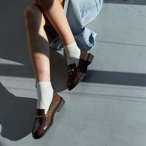 Brown Leather Patent Loafers with Shiny Chain, Classic Elegant Shoes for Woman, Genuine Leather Office Shoes, Handmade Smart Casual Loafers