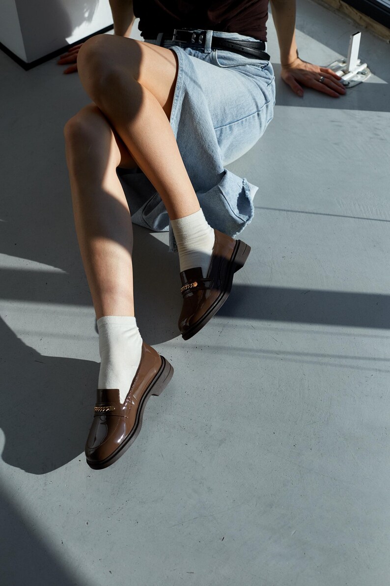 Brown Leather Patent Loafers with Shiny Chain, Classic Elegant Shoes for Woman, Genuine Leather Office Shoes, Handmade Smart Casual Loafers