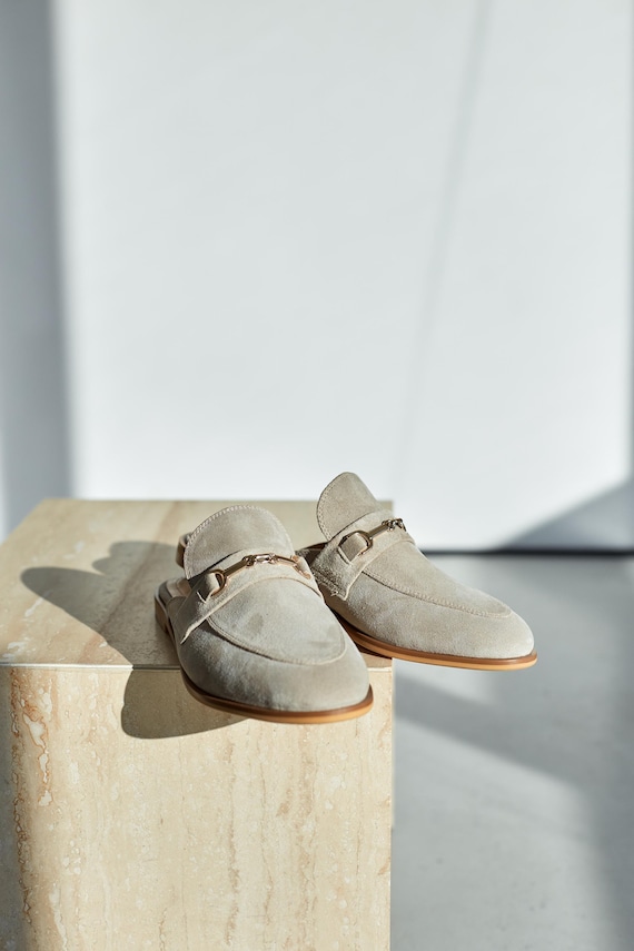 Beige Suede Leather Mules for Women, Stylish Slip-on Loafers