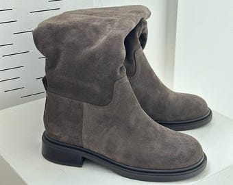 Botas de inverno artesanais de camurça até o joelho, com forro de pele, em couro de camurça natural, calçado confortável com sola de borracha, botas de inverno femininas.