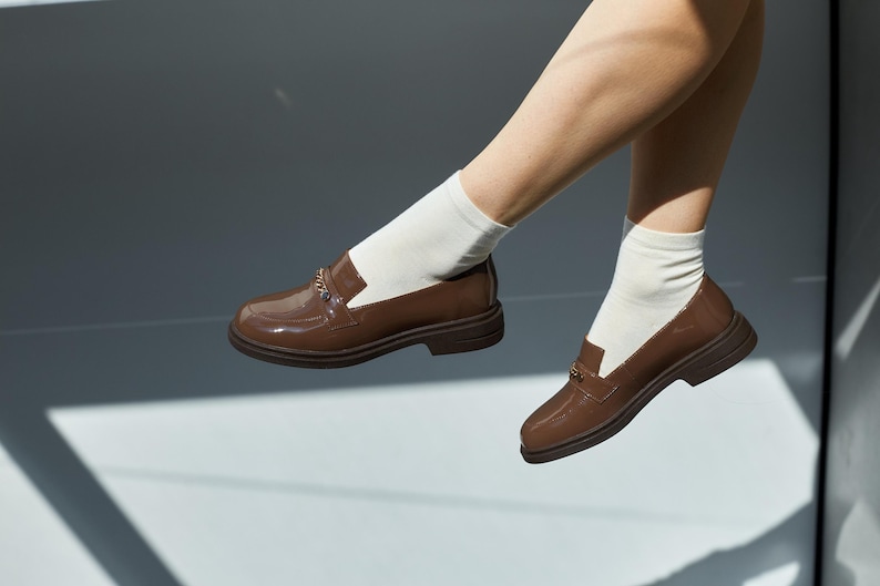 Brown Leather Patent Loafers with Shiny Chain, Classic Elegant Shoes for Woman, Genuine Leather Office Shoes, Handmade Smart Casual Loafers