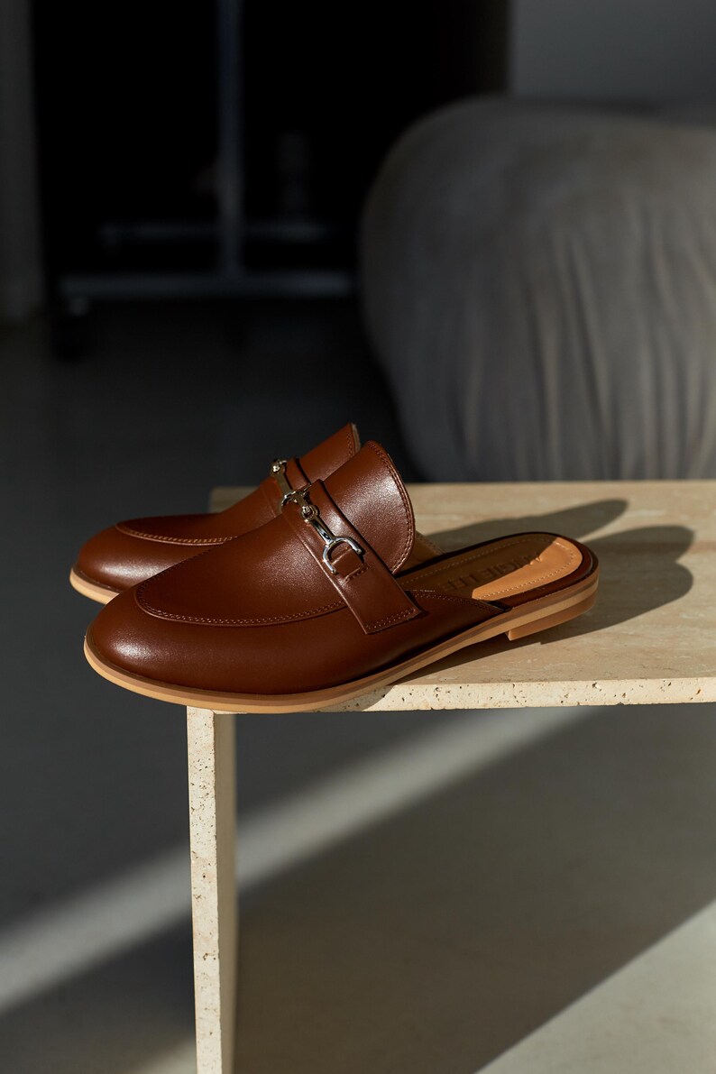 May include: A pair of brown leather mules with a silver buckle detail. The shoes are displayed on a light-colored surface, showcasing their sleek design and craftsmanship. The mules have a low heel and a rounded toe.