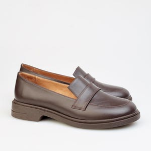 Classic Brown Leather Loafers for Woman, Elegant Slip On Office Shoes, Genuine Leather Comfort Shoes, Smart Casual Loafers, Every Day Flats