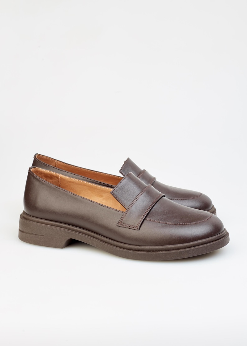 Classic Brown Leather Loafers for Woman, Elegant Slip On Office Shoes, Genuine Leather Comfort Shoes, Smart Casual Loafers, Every Day Flats