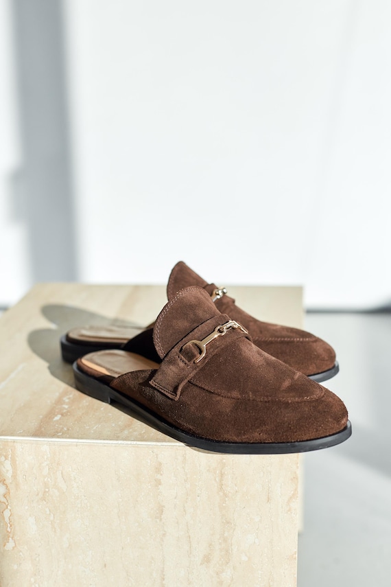 Women's Brown Suede Mules with Chain Detail, Backless Loafers Slip-On Flats, Horsebit Office Shoes, Elegant Casual Footwear, Gift for Her