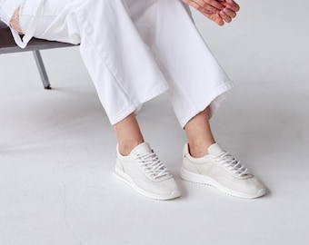 White Suede Sneakers, Handmade Casual Trainers, Women’s Smooth Shoes, Minimalist White Footwear, Comfortable Walking Shoes, Stylish Design