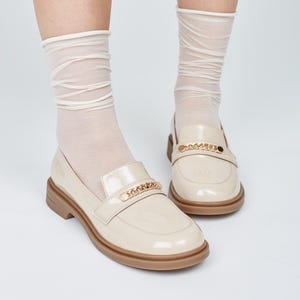 Cream Patent Leather Loafers for Women, Comfortable Walking Shoes, Beige Office Loafers, Penny Loafers, Leather Flat Shoes, Gift for Her