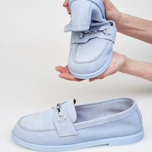 Sky Blue Suede Leather Loafers, Light Blue Leather Shoes for Summer, Genuine Suede Women's Loafer, Soft Comfort Flat Leather Penny Loafers
