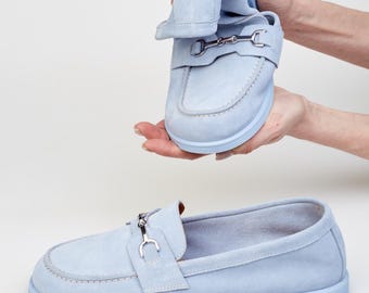 Mocassins en cuir suédé bleu ciel, Chaussures d'été en cuir bleu clair, Mocassins femme en daim véritable, Mocassins plats Penny en cuir doux et confortables