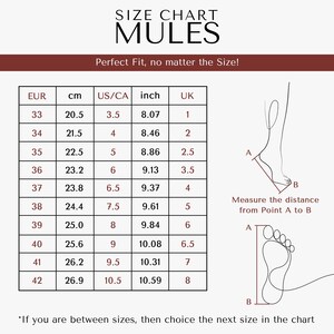 May include: A size chart for mules, featuring measurements in inches, centimeters, and UK sizes. The chart includes sizes from US 3.5 (8.07 inches, 20.5 cm) to US 10.5 (10.59 inches, 26.9 cm). Instructions on how to measure the foot are also included.