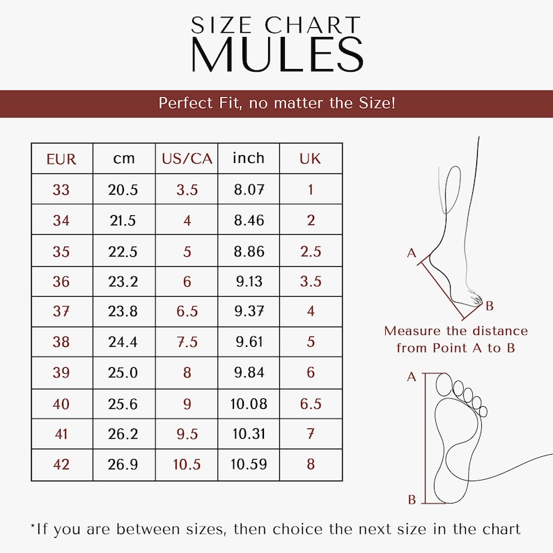 May include: A size chart for mules, featuring measurements in inches, centimeters, and UK sizes. The chart includes sizes from US 3.5 (8.07 inches, 20.5 cm) to US 10.5 (10.59 inches, 26.9 cm). Instructions on how to measure the foot are also included.